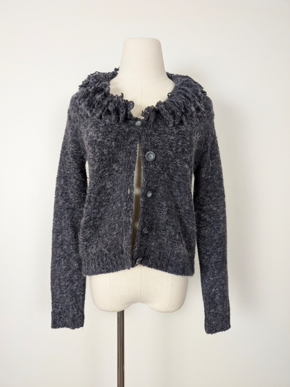 90's Grey Knit Cardigan Fringe Size Small Long Sleeve - Picture 10 of 11